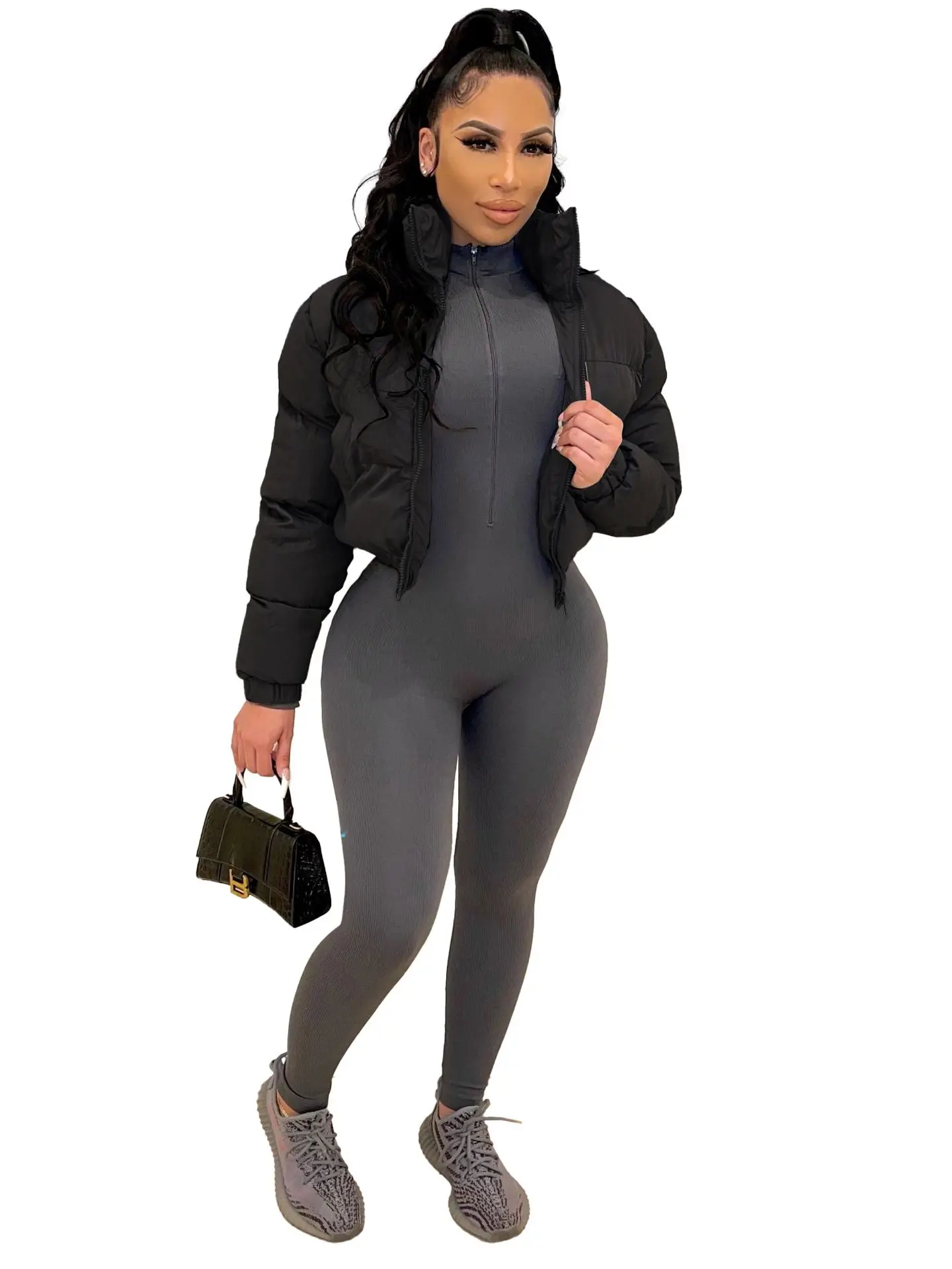 

DEARIRIS Puffer Jacket Womens Cropped Zip Up Padding Warm Quilted Jackets Winter Coats