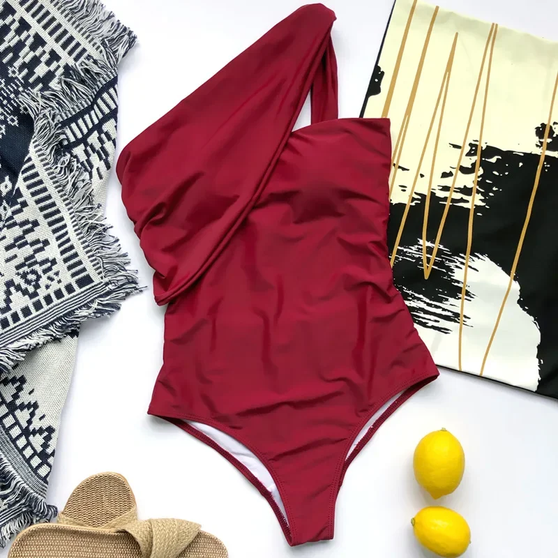 Sexy One Shoulder One Piece Bikini Solid Black Swimsuit Women Bandage Swimwear Bodysuits Female Bathers Bandeau Monokini 2021
