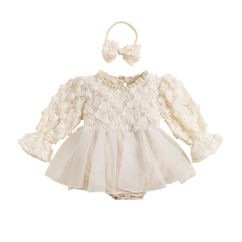 Baby Girls Lace Floral Romper Dress Long Sleeve Tulle Skirt Hem Bodysuits with Headband Newborn Infant Clothing