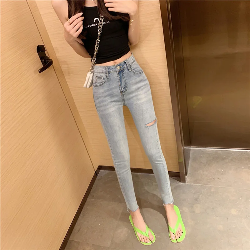 Women High Waist Elastic Skinny Jeans Korean Style Denim Pants 2021 Slim Wash Cowboy Streetwear Long Pencil Pant Female Trousers