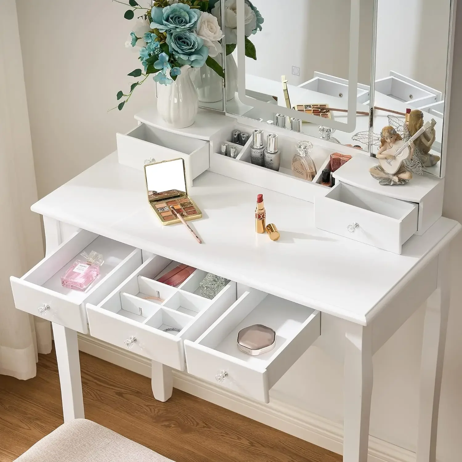 Vanity Desk with Mirror and Lights, Makeup Vanity with Lights, White Vanity Set with Tri-Folding Mirror with 3 Colors  Modes images - 6