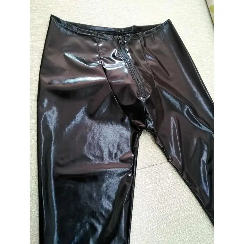 Men Black PU Leather Pants Long Sexy Underwear