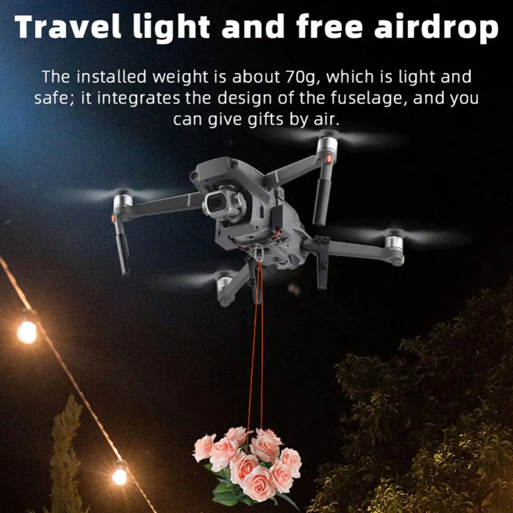 Drone DJI Mavic 2 Pro équipé du système Airdrop larguant un petit colis, compte-gouttes rechargeable USB visible.