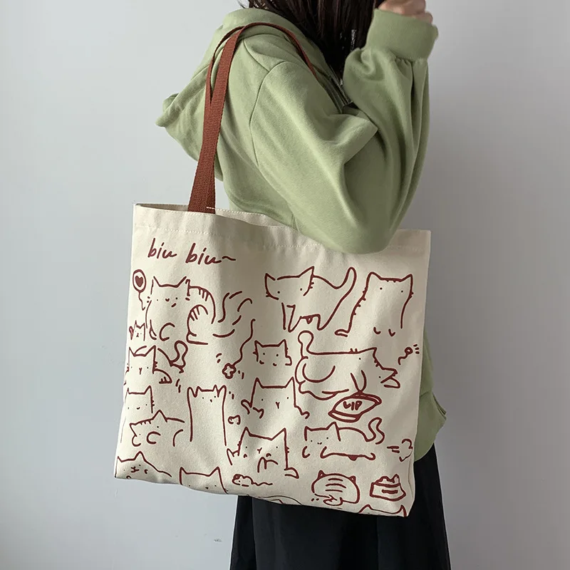 Art Design Cute Animal Hand Drawn Illustration Shoulder Bag Bookbag Vintage Large Capacity Canvas Tote for Women