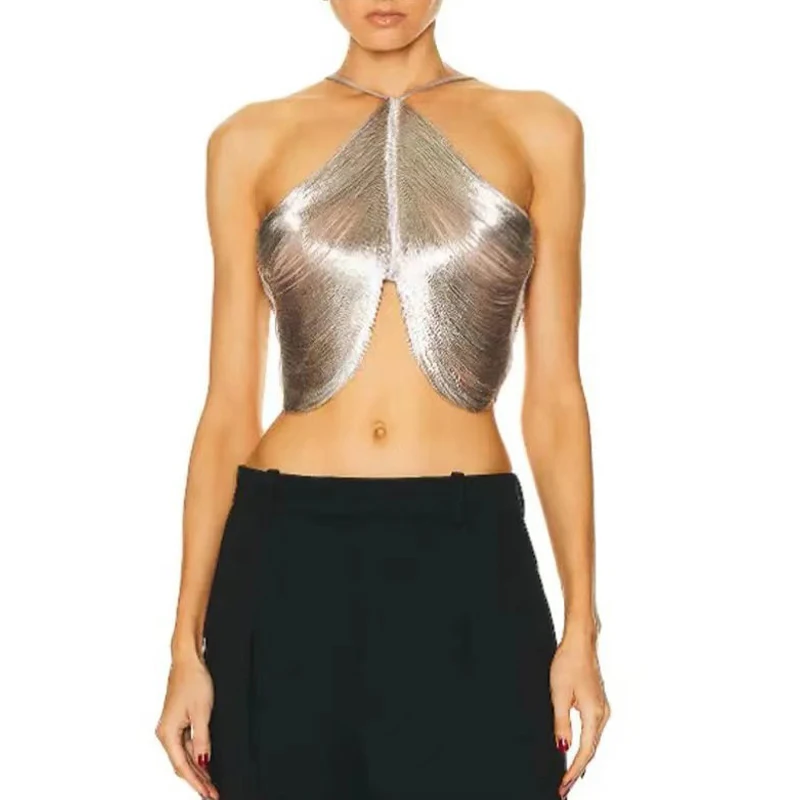 

Женский укороченный топ без рукавов, модный серебристый Топ с кисточками и лямкой на шее, Облегающая майка с открытой спиной, лето 2024, Женская шикарная кофта, уличная одежда