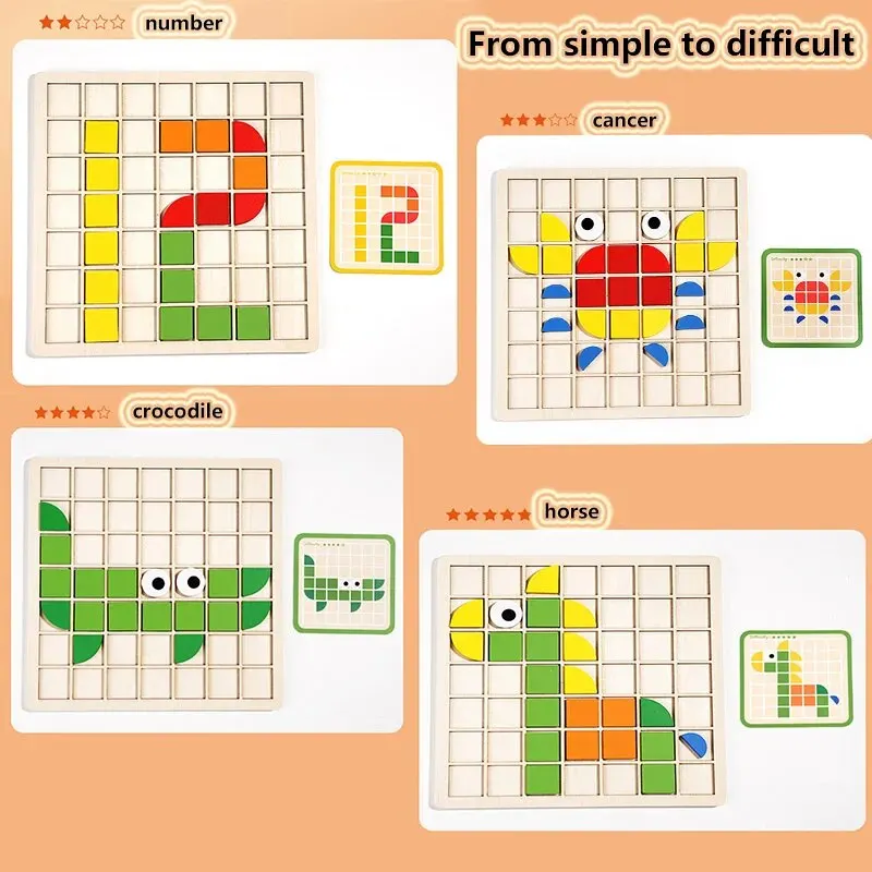Wooden Mosaic Puzzles Geometric Shapes Building Blocks Pattern With Design Cards Kindergarten Classic Educational Shape Puzzle_voghion.com