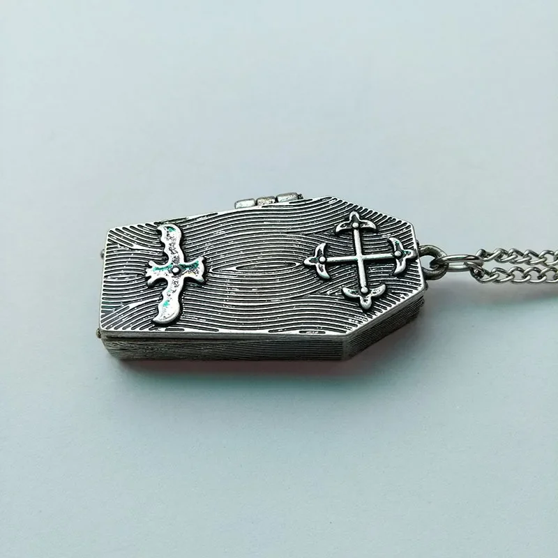 New Steam Punk Retro Gothic Coffin Necklace Bat Cross Coin Necklaces Can Be Opened Fashion Sweater Chain Men Jewelry 5