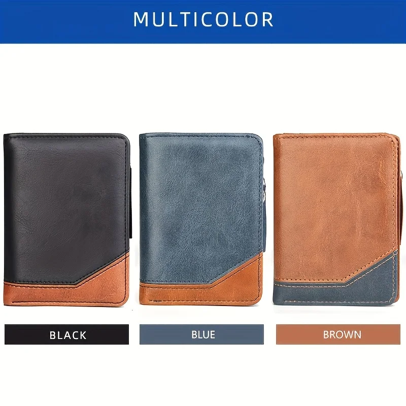 2024 New Men's PU Leather Short Wallet With Zipper Coin Pocket Vintage Big Capacity Male Short Money Purse Card Holder 3