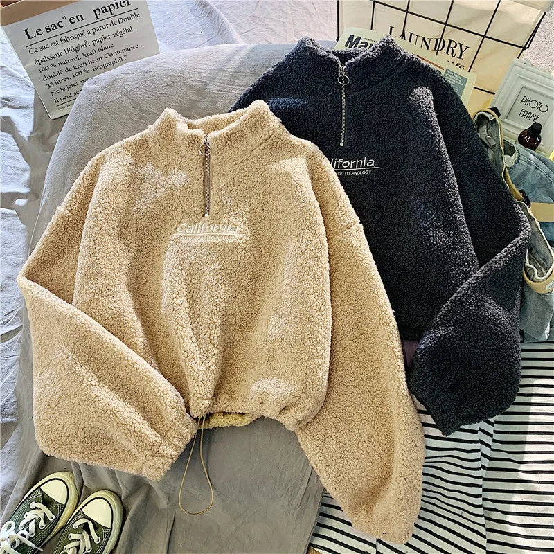 

Half High Collar Plush and Thick Lamb Plush Short Sweatshirts for Female Korean Fashion Students Autumn and Winter Warm Coat