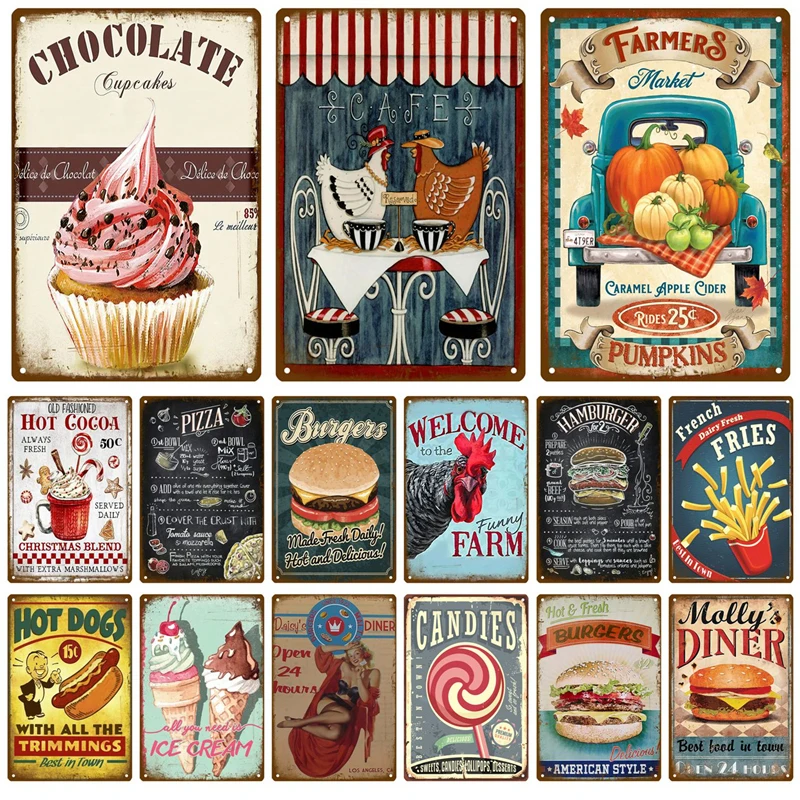 Metal Sign Delicate Fast Food Plate Tin Sign Plaque Vintage Restaurant Home Bar Cafe Kitchen Metal Poster Wall Decor Accessories