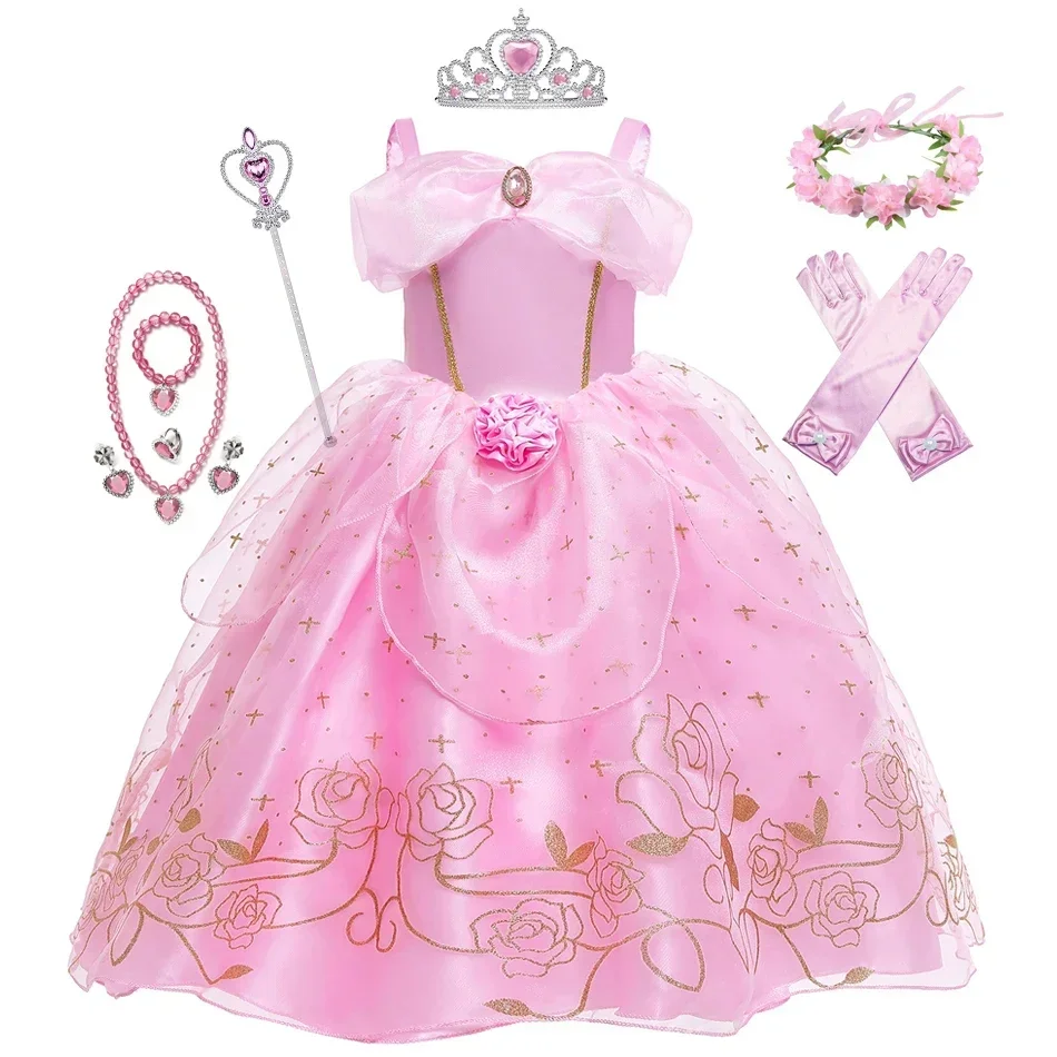 Kind Prinzessin rosa Kleid Mädchen Sommer Phantasie Party Kleidung Kinder schlafen Schönheit Blume Kleider Weihnachten Karneval Kostüm Stoff – Detail 2