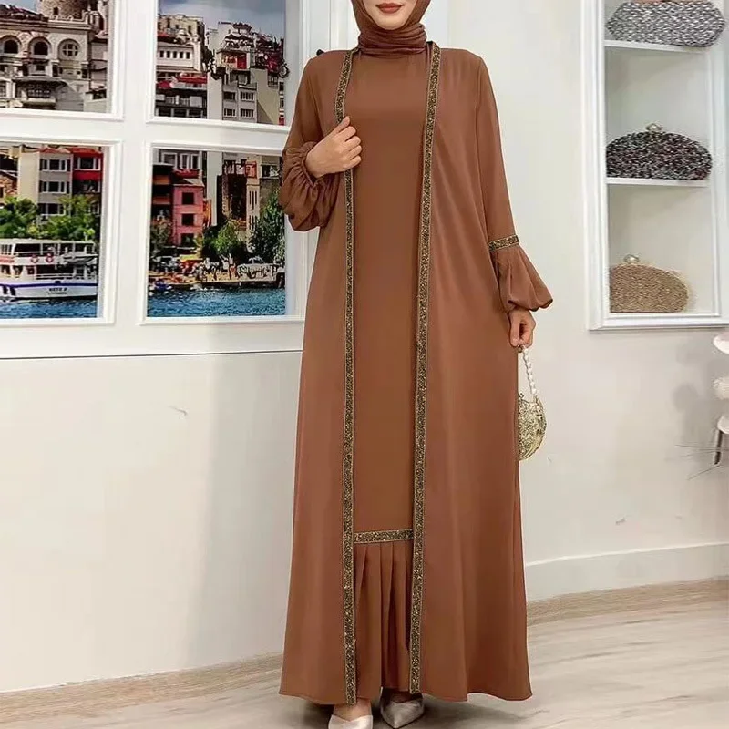 Open Abaya 2 Piece Set Modest Muslim Modest Dress for Women Dubai Arabic Turkey Islamic Moroccan Kaftan Robe Evening Party Gown