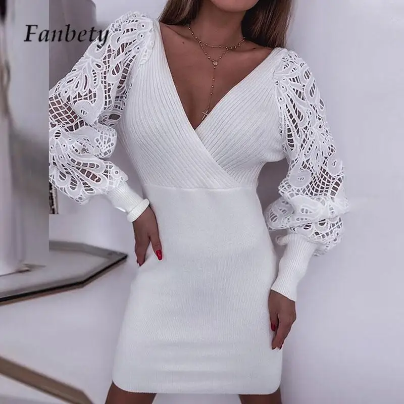 

Fashion V Neck White Solid Color Hip Wrap Dress Sexy Splicing Knitted Sweater Dress Elegant Lady Jacquard Hollow Out Mini Dress