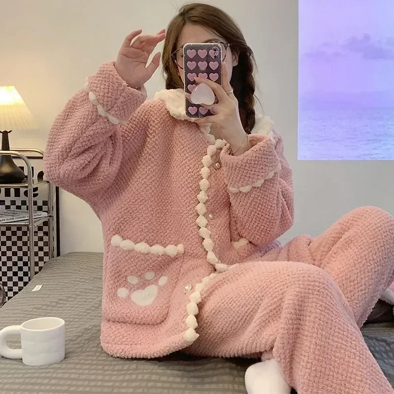 

Thickened Leisure Women Winter Warm Flannel Cute Home 2023 Nighty Plush Wear Autumn Suit Velvet Pajamas Coral Clothes New