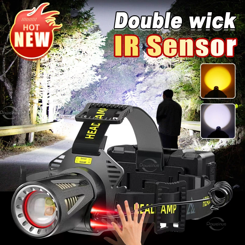 

Upgrade Powerful Headlamp Torch IR Sensor XHP100 Double Wick Headlight Flashlight USB Rechargeable XHP50.2 LED Head Lamp Lantern