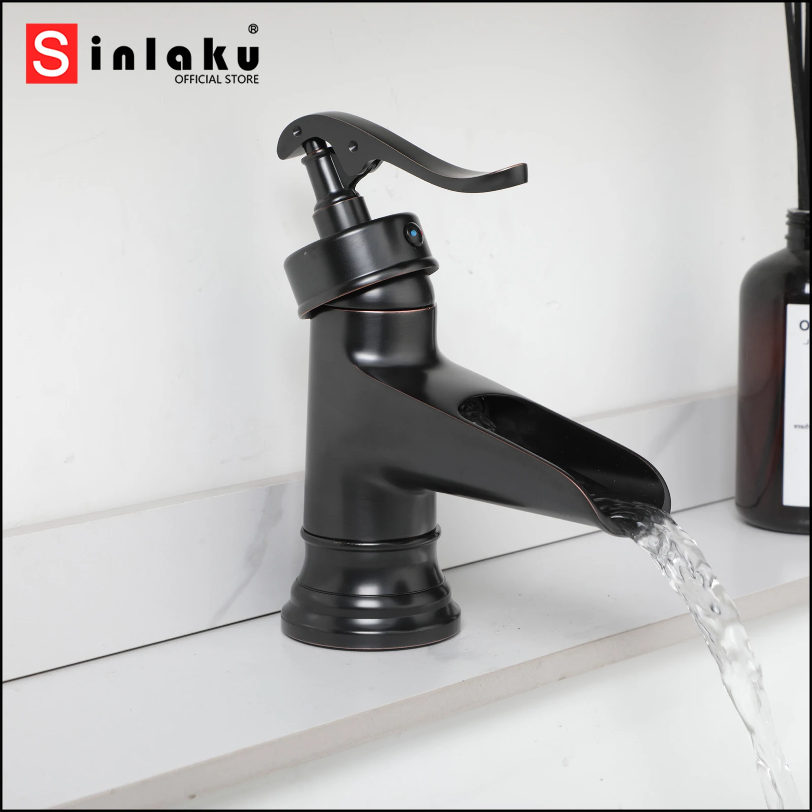 

SINLAKU ORB Black Bathroom Basin Faucet Deck Mounted Single Handle Control Waterfall outlet With Hot And Cold Water Mixer Taps
