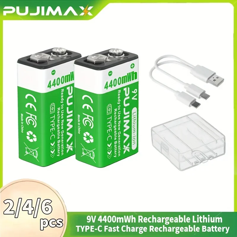 PUJIMAX USB 9V Rechargeable Battery 4400mWh Type-C 6F22 Li-ion For RC Helicopeter Model Multimeter Toy