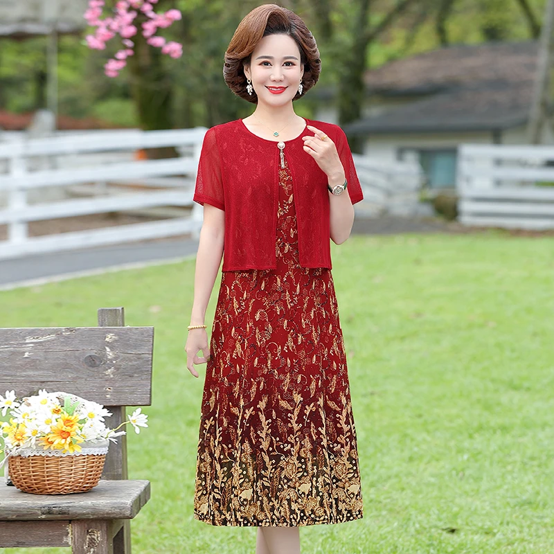 

New Women Dress XL-6XL Elegant Net Yarn Knee-length 2022 Summer Fashion fake two Ladies Mid-length A-Line Dresses