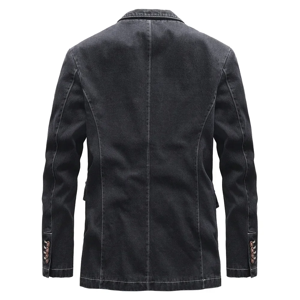 Men Cotton Denim Suit Jacket Button Up Top Mens Thin Slim Black Gray Suit Spring Blazer Male Outerwear Casual Office Wear 4xl