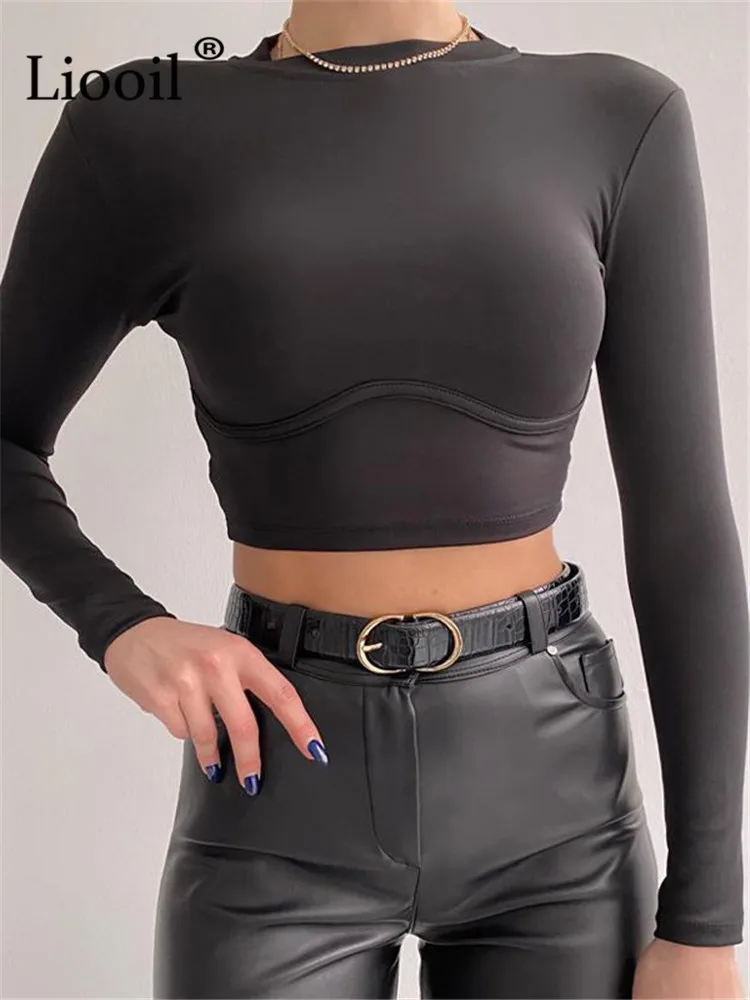 Topos de Manga 2022 o Pescoço t para Mulheres Liooil Preto Verde Curto Tshirt Longa t Camisa Feminina Novo Apertado Roupas Sexy Bodycon Colheita Topos 6 Online shopping