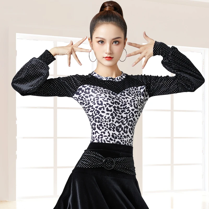 

New Waltz Modern Dancing Top Leopard Velvet Sleeved Ballroom Dance Top Latin Dance Tops Stage Competition Practice Wear DWY9346
