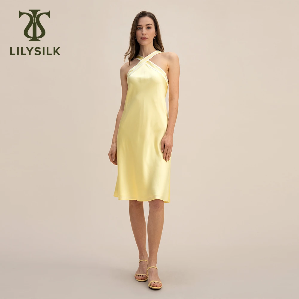 LILYSILK Undryed Silk Halter Dress for Women 2023 New 22 Momme Golden