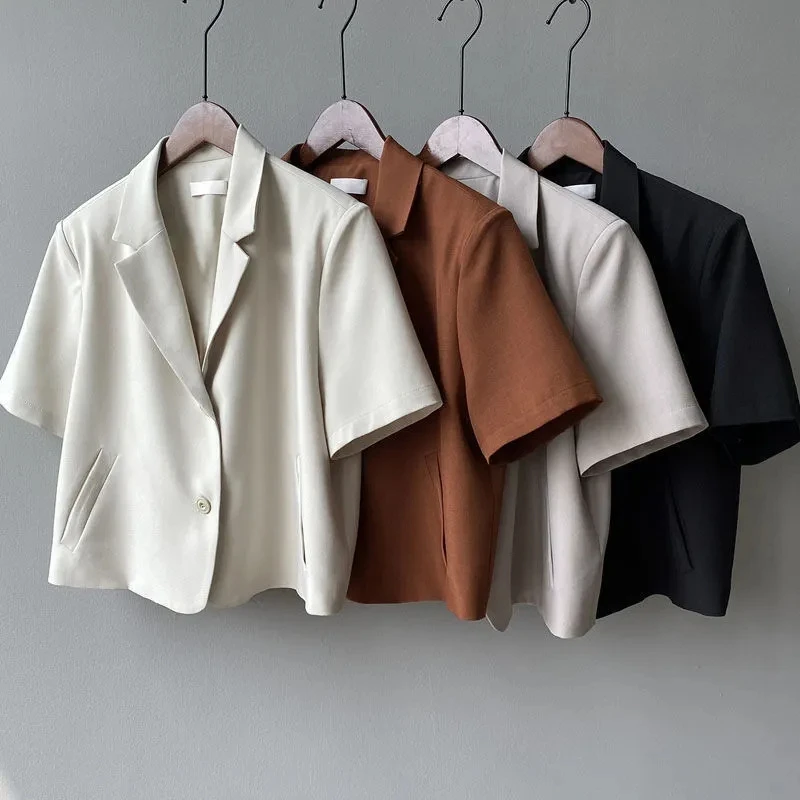 

Korean Fashion Short Sleeve Blazer Women Summer Thin Solid Office Lady Loose Casual Chic Plus Size Cropped Jacket All-Match Coat