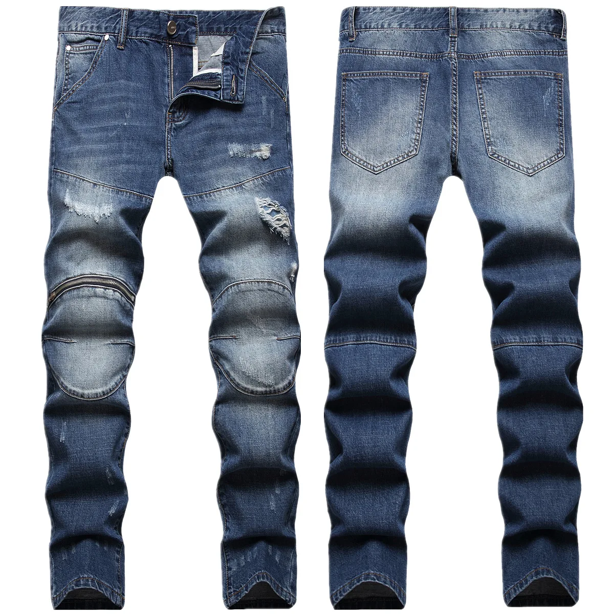 

Trendy zipper jeans Men's ripped slim feet blue new fall/winter style