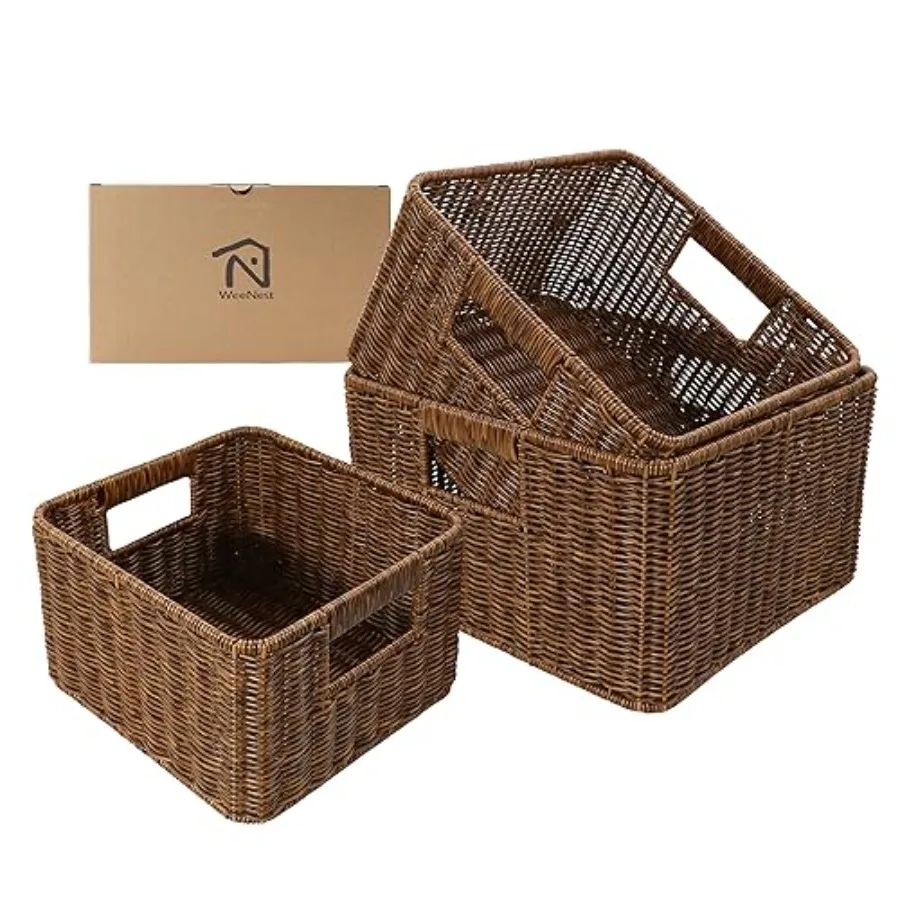 Baskets with Handles Wicker Storage Shelf Boxes for Organizing Decorative Resin Set of 3