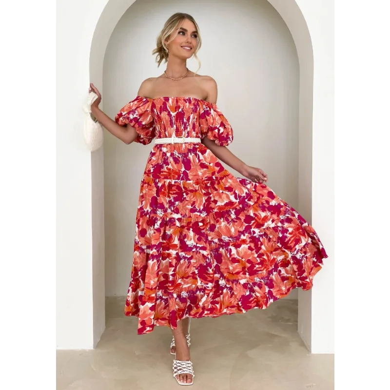 

2024 Spring New Style Fashionable Bubble Sleeve Vacation Slim Long Dress Spicy Girl High Waist One Shoulder Printed Dress Women