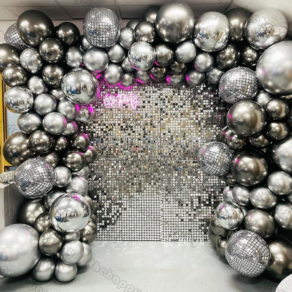 

Metal Black Silver Disco Balloons Garland Arch 4D Silver Foil Balloons Happy 30th 40th Birthday 80s Disco Party Decor New Year