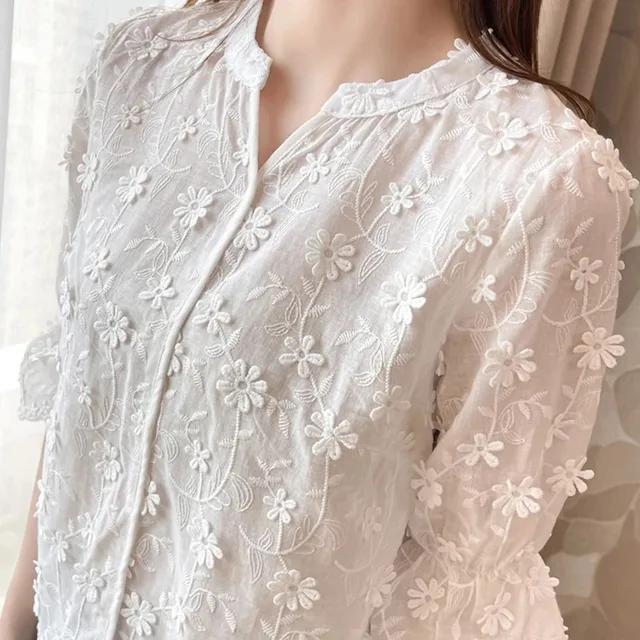 Women's Cotton Short Sleeve Lace Blouse, Summer Tops, Embroidery Floral, White Shirt, Fashion Casual Blouses, 9638 5