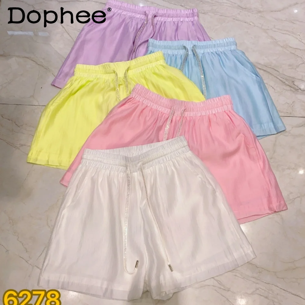 

Candy Color Silk Thin Shorts For Women's Clothing 2023 Summer New High Waist Wide Leg Pants Casual Pants Short Pants Streetwear