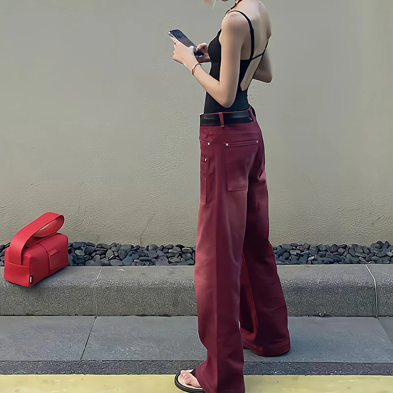 

Fashion Baggy Jeans Women Denim Trousers High Waist jeans woman Y2k Vintage Washed Distressed Wide Leg Mopping Red Cargo Pants