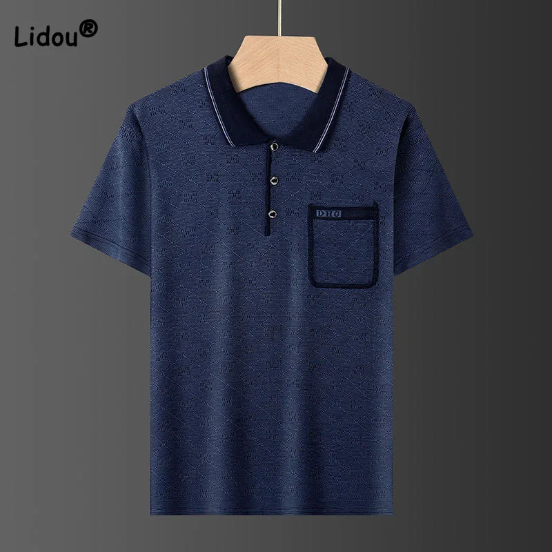 

Male Clothes Casual Short Sleeve Polo-Neck Shirt 2023 Summer Fashionable Pockets Spliced Korean Striped Shirt T-shirt for Men