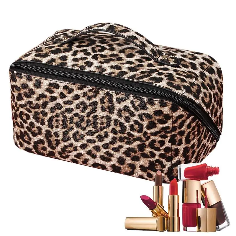 

PU Leather Makeup Organizer Cosmetic Bags For Women Leopard Print Portable Travel Toiletry Bags With Handle & Zipper Makeup Box