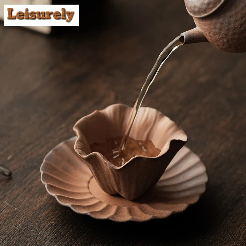 60ml Coarse Pottery Lotus Leaf Carp With Coaster Teacup Zen Tea Bowl Jug Tea-tasting Fragrance Cup Chazhan Master Cups For Tea