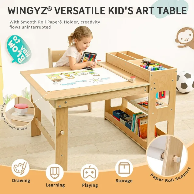 5-in-1 Kids Art Table and 2 Chair Set with Storage Cabinet, Wooden Craft Desk, Sensory Table with Paper Roll for Ages 2-12