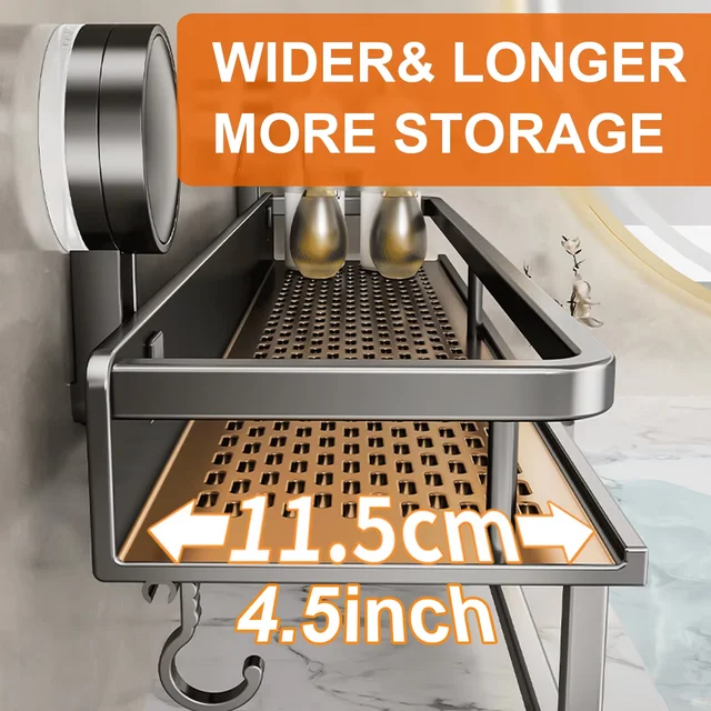 พื้นที่อลูมิเนียมดูดถ้วยห้องน้ํา Rack No-Punch Wall Mount ชั้นวางของฝักบัวขนาดใหญ่ความจุ Strong รับน้ําหนัก 3