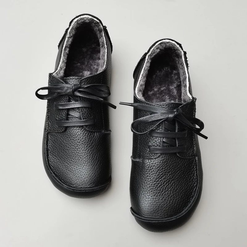 Careaymade-Genuine leather Sheepskin wool women's shoes low top lace up flat soft cow tendon sole warm cotton winter shoes