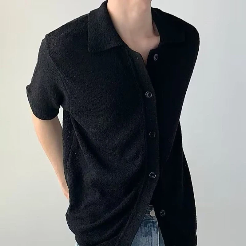 

Casual Solid Color Thin Knit Shirt Men Summer Short Sleeve Buttoned Lapel Tops For Mens Clothes Fashion Slim Shirts Streetwear