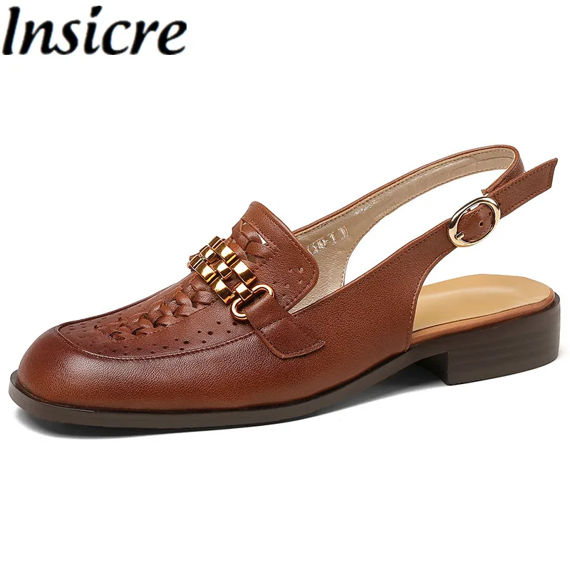 

Insicre Cow Leather 2022 Fashion Women's Pumps Flats Metal Chain Buckle Summer Casual Shoes Square Toe Low Heel High Quality