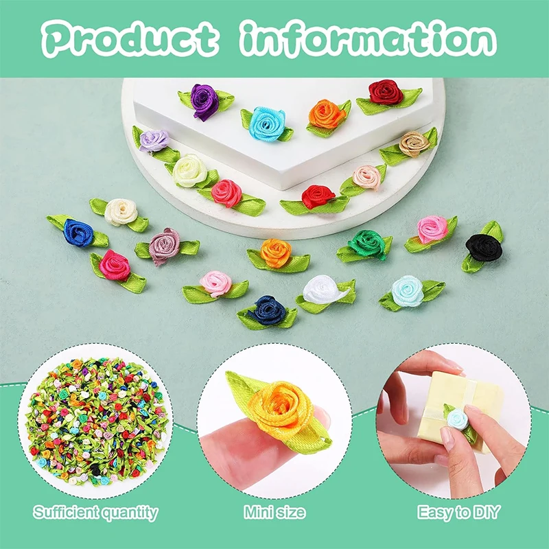 50Pcs 미니 장미 꽃 새틴 리본 인공 직물 꽃 결혼식 신부 샤워에 대 한 녹색 잎 DIY 공예 화 환 장식