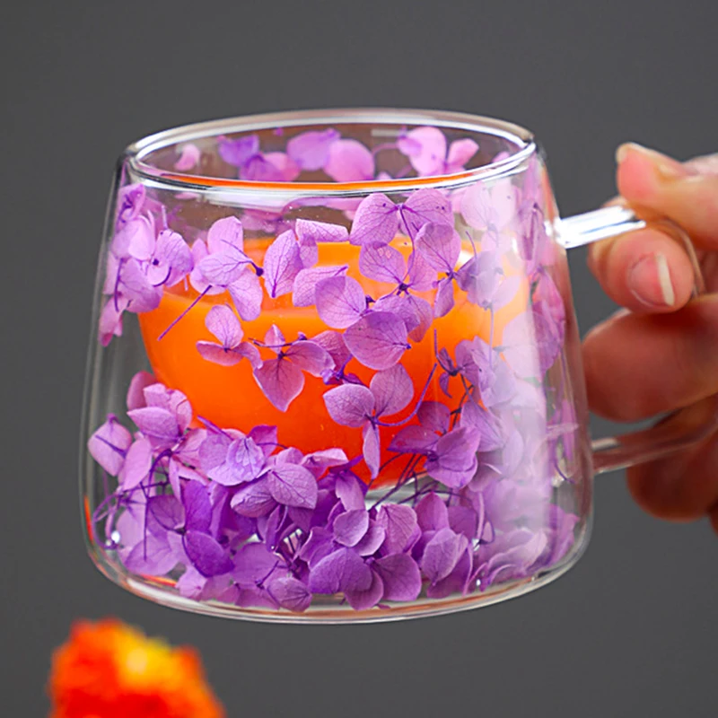 HEXEH Mug Cups Double Wall Glass Cup with Handle Heat Resistant Dry Flower Sea DIY Juice Coffee Mug Gift Coffee Drink Cup (Color : A