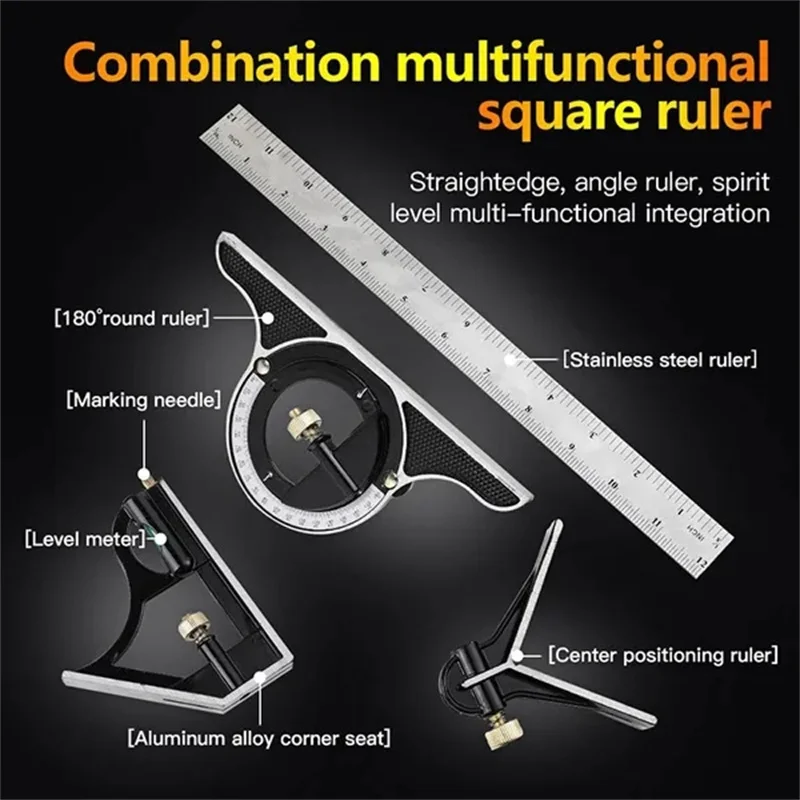 Square Right Angle Ruler Protractor Movable Square Woodworking Angle Ruler Stainless Steel Measuring Tools Multi Combination Set 3
