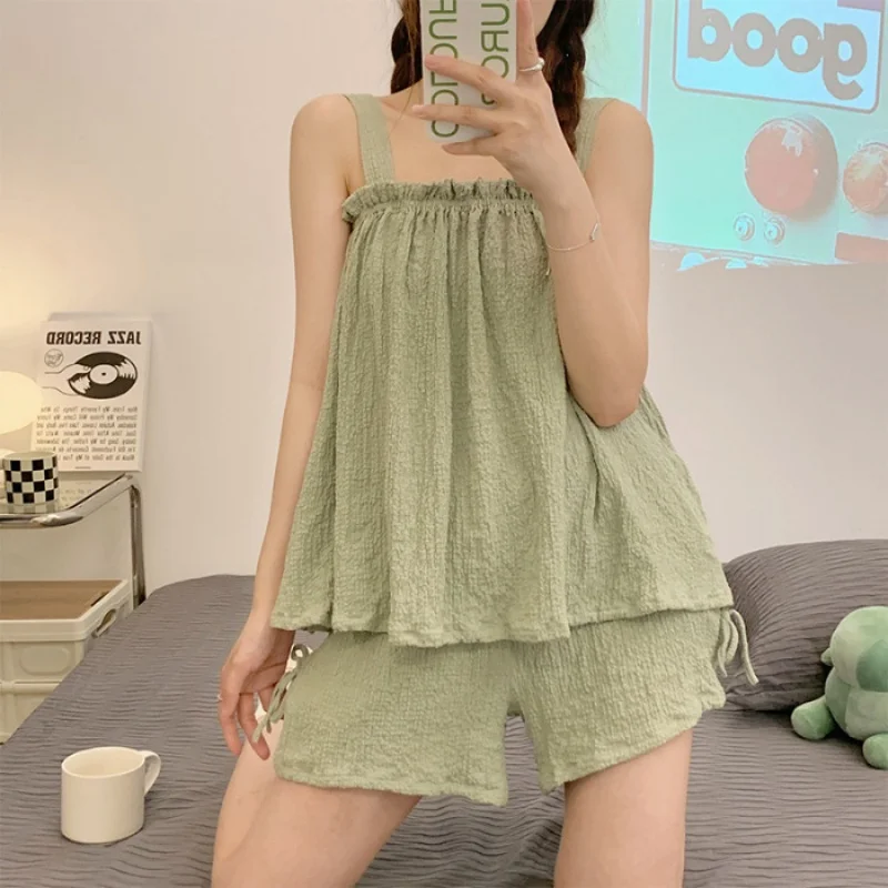 Short women's pajamas in two pieces with straps for girls, loose sleeveless loungewear, thin cotton, sweet and cute, homewear, summer.