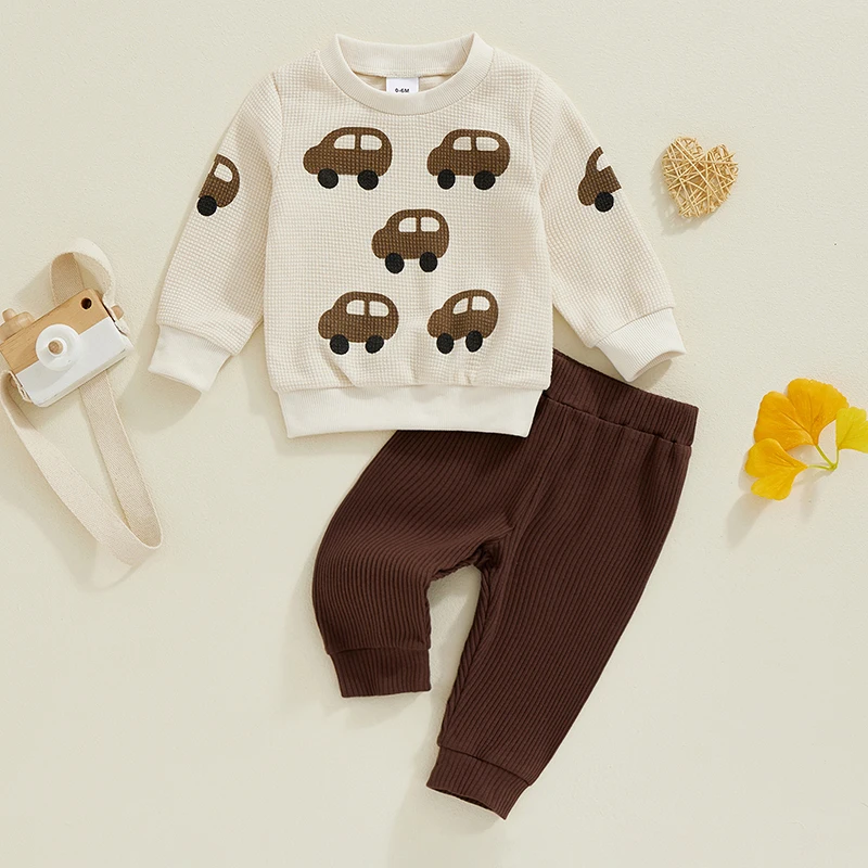 Toddler Boy Car Print Waffle Long Sleeve Sweatshirt and Elastic Pants 2 Piece Outfit Set for Baby Boys Tracksuit for Infants