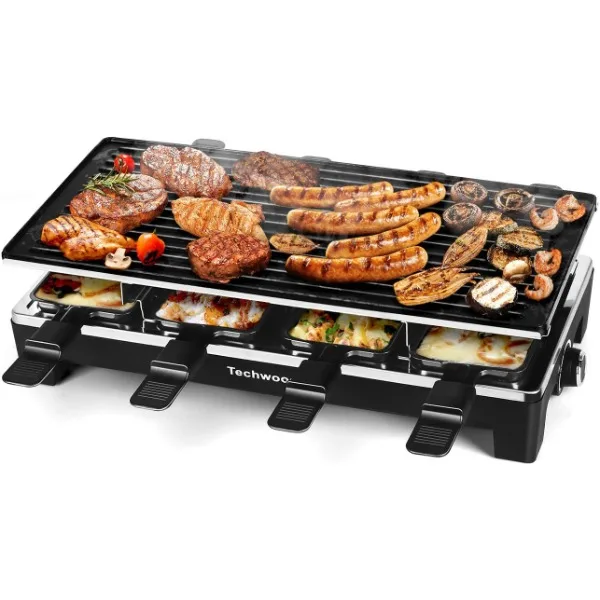 

Raclette Table Grill, Techwood Electric Indoor Grill Korean BBQ Grill, Removable 2-in-1 Non-Stick Grill Plate,1500W Fast Heating