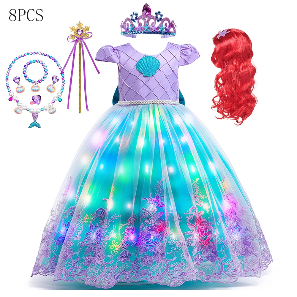 Vestido de baile de sirena de Disney para niña, disfraz de Ariel con luz LED, disfraz de princesa para fiesta de cumpleaños de lujo para niños