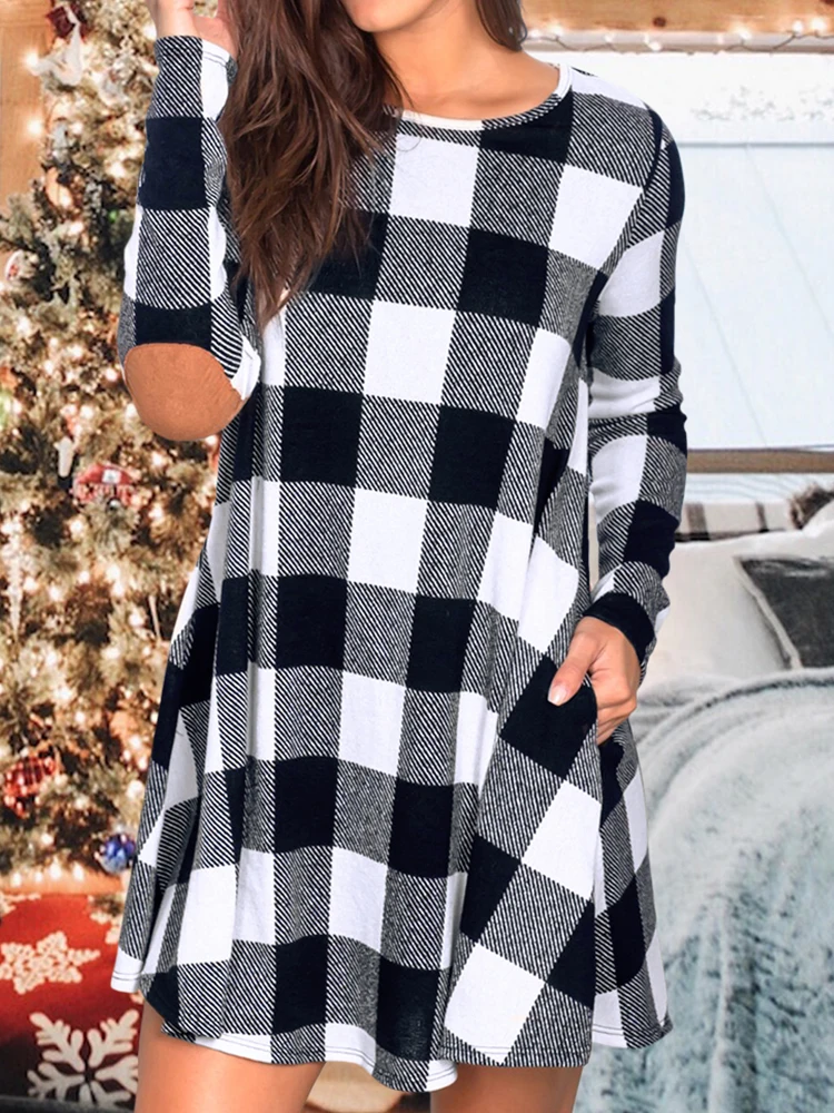 

Women's Casual Dresses with Pockets Elbow Patch Plaid Swing Dress Long Sleeve Round Neck T Shirt Loose Dress Holiday Tunic Mini